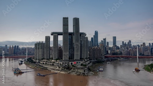 Chongqing cyberpunk city skyline with river