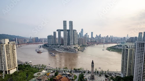 Chongqing cyberpunk city skyline with river