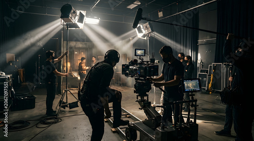 Filmmaking crew operating professional camera equipment on set with dramatic lighting