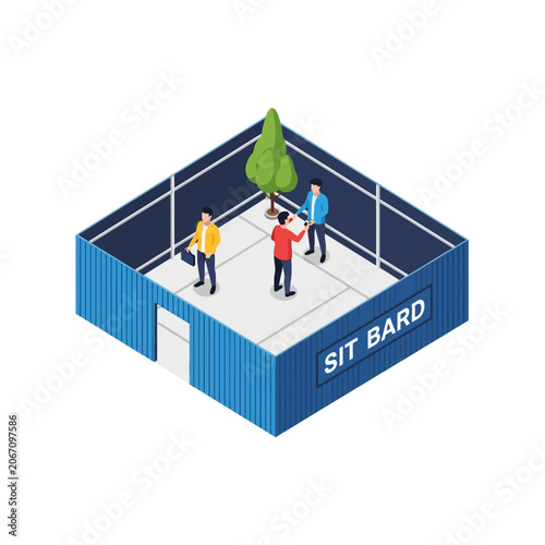 Isometric 3D Business People Networking in a Modern Office Booth Workspace