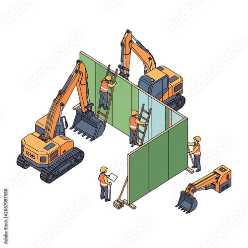 Isometric Construction Site with Excavators and Workers Building a Wall