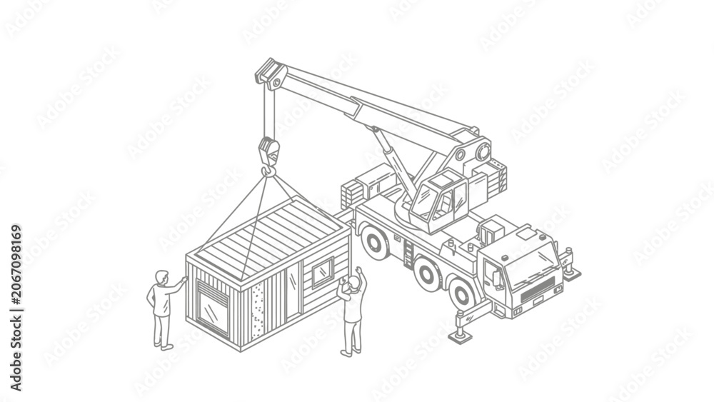 Fototapeta premium Isometric Line Art of Mobile Crane Lifting Modular Tiny House with Workers