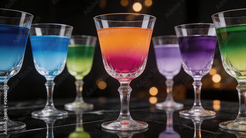 Fototapeta premium Colorful cocktails in glassware for immersive visual experiences and creative projects