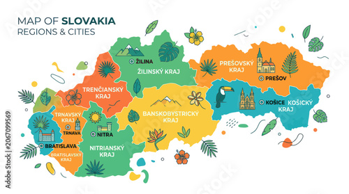 Fotografie Map of Slovakia Regions & Cities: Colorful Geographical Illustration with Landma