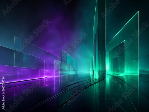 Corridor abstrait en verre vert et violet avec brume lumineuse