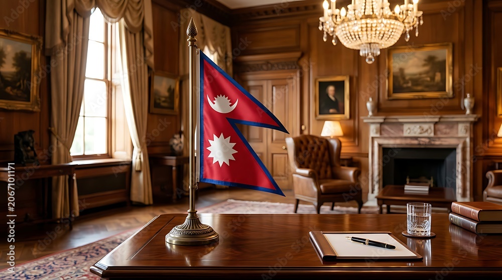 Naklejka premium Nepal Flag on Elegant Desk in Luxurious Executive Office, Symbolizing Diplomacy and Governance