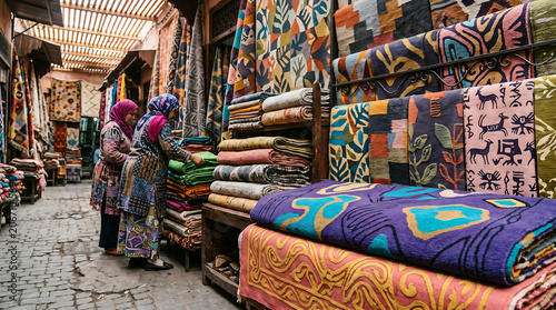 Woman Checking Smartphone Amid Colorful Textile Market Stalls Under Bright Market Lighting