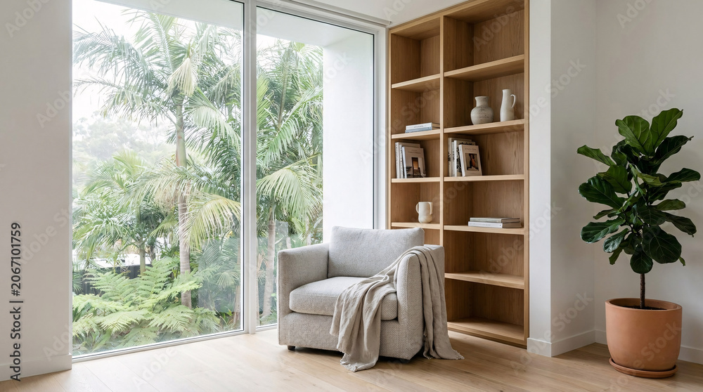 Fototapeta premium Cozy Modern Reading Nook With Beige Armchair and Wooden Shelving Overlooking Lush Tropical Garden View