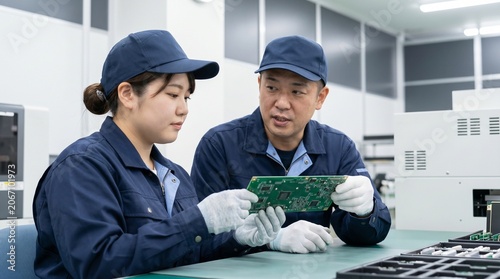 製造業の工場で若手作業員の精密作業を見守るベテラン技術者のOJT風景
