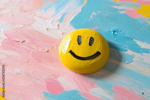 Impressionistic art with a bold yellow smiley face on a vibrant, abstract background