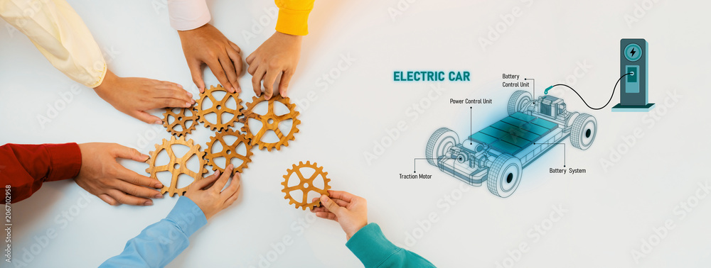Obraz premium Hands gather gears symbolizing teamwork and innovation in electric vehicle design, highlighting a battery system diagram representing future energy solutions. Trope