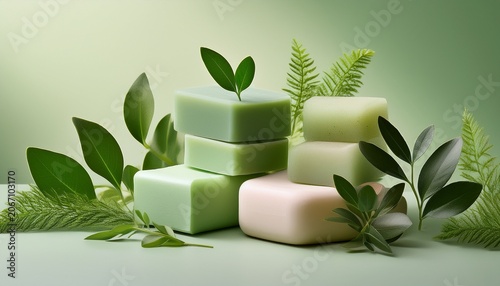 Natural Organic Cleansing Bars Arranged With Fresh Green Herbs On A Serene Pastel Background Wellness Hygiene Products With Botanical Elements For Skin Care
