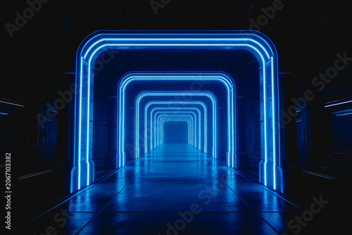 A futuristic interior corridor lined with bright blue neon arches, creating a deep, symmetrical tunnel perspective with reflective surfaces.