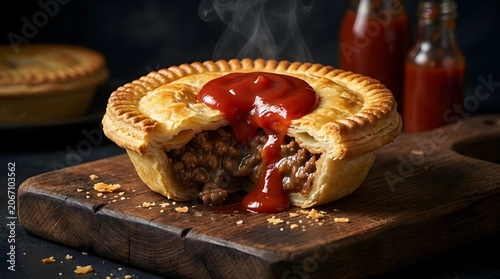 Savory minced meat pie cut open with pouring tomato ketchup on a wooden cutting board