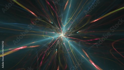 Glowing, colorful fractal lines swirl into a bright central vortex. This dynamic animation conveys a hypnotic visual message of energetic cosmic motion and deep sci-fi mystery.
