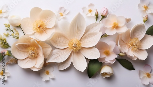 Pale Cream Flowers Arranged On A White Background Isolated Close Up With Soft Petals And A Fresh Spring Look