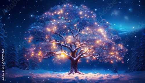 Snow Covered Winter Tree Glowing With Magical Lights