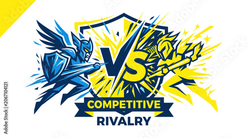 Photos Competitive rivalry between blue and yellow warriors in battle pose