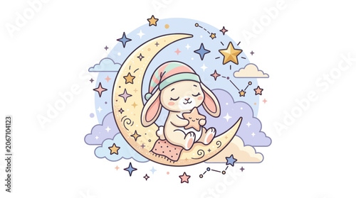 Slika na platnu Little rabbit wearing a nightcap sitting on a moon hugging a star