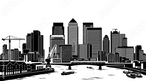 Black and white silhouette of Canary Wharf skyline in London.
