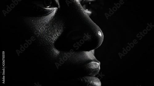 Close up of a face in monochrome light with dramatic shadows