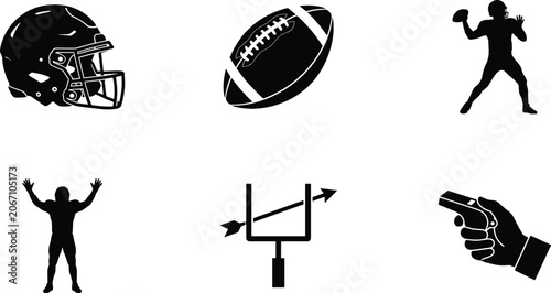 Tableau sur toile American Football Sports Vector Icon Set Featuring Black Silhouette Shapes of He