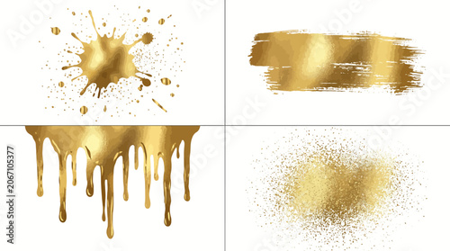 Set of isolated gold paint splashes brush strokes and dripping liquid textures.