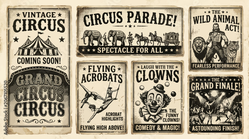 Set of vintage circus and carnival posters with classic typography and illustrations.