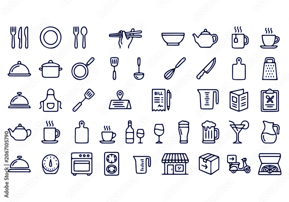 Naklejka premium Restaurant Line Art Vector Icon Collection