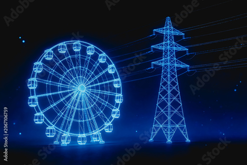 A wireframe ferris wheel linked to a power transmission tower, illustrating energy infrastructure and technology.