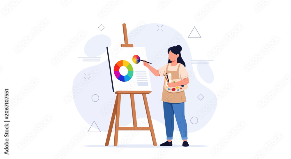 Fototapeta premium Artist painting on easel with color wheel and palette, flat illustration style