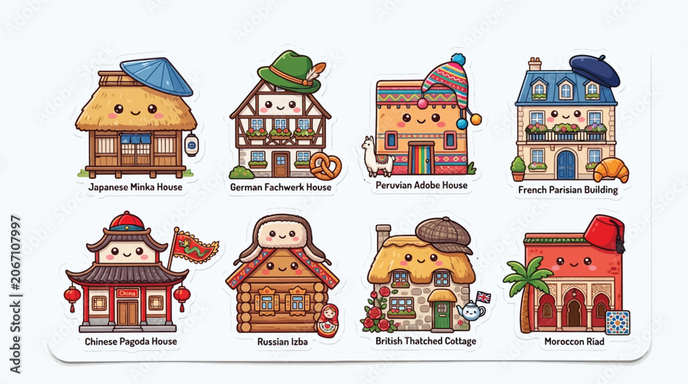 Naklejka premium Set of cute cartoon traditional houses from different countries around the world.