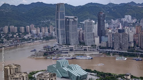 Chongqing cyberpunk city skyline with river