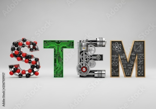 The word stem represented by different scientific and engineering elements, isolated on white background