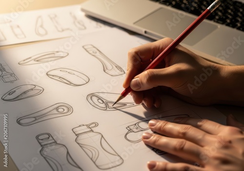 Designers hand sketching product ideas on paper with a pencil, laptop in background