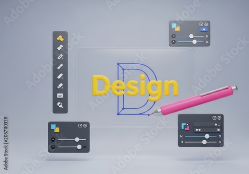 3d graphic design concept with digital tools, a pen tool, and the word design in yellow letters