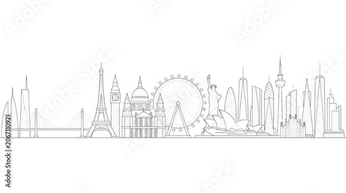 Global Landmark Cityscape Panorama Featuring Famous Architectural Structures and Iconic Skyline Silhouettes