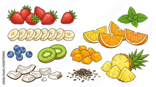 Bild auf Leinwand Assorted Sliced Fresh Fruits and Berries Illustration Set on White Background