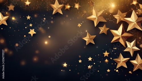 Abstract Festive Dark Background With Gold Stars And Glitter New Year Birthday Holidays Celebration