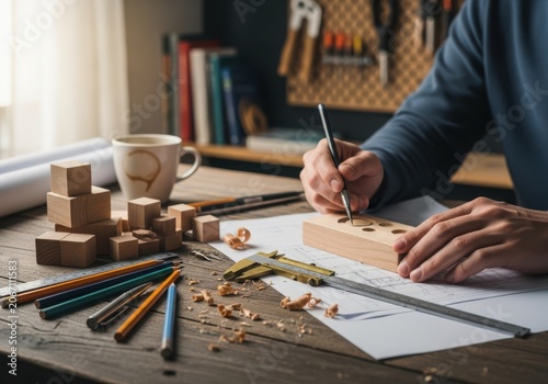 Woodworker meticulously crafting a wooden object with precision tools and materials on a workbench