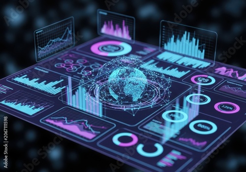 Futuristic digital interface displaying global data analytics with charts and graphs, representing technology and innovation