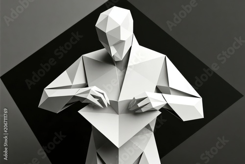 Origami Person, A human figure folding and unfolding like paper origami. Geometric art style.