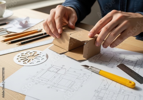 Hands assembling a small cardboard box on a desk with blueprints and tools