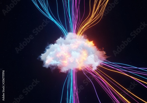 Cloud computing concept with colorful data streams flowing into and out of a fluffy white cloud on a dark background