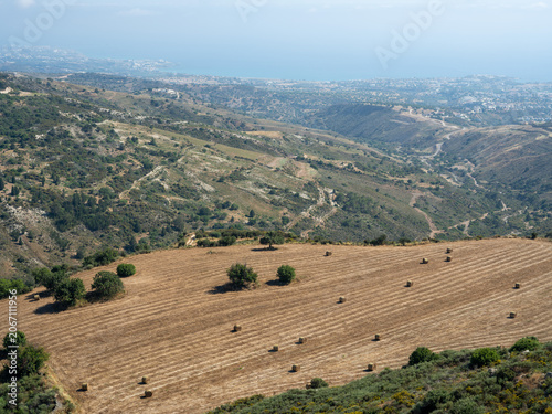 Harvested wheat field with hay bales, Ezousa valley and Paphos city with Mediterranean Sea, aerial view from Kathikas hills, Cyprus