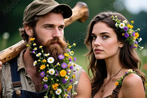 Flower Beard, A lumberjack whose beard is a cascading waterfall of blooming wildflowers.