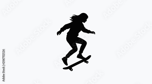 Fényképezés Skateboarder girl jump silhouette in mid-air