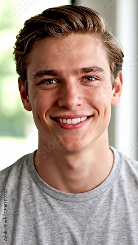 Smiling young Caucasian man in grey t-shirt.