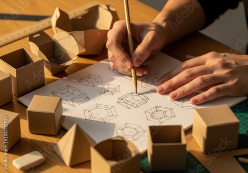 Hands drawing geometric designs on paper surrounded by cardboard boxes and crafting tools on a wooden table