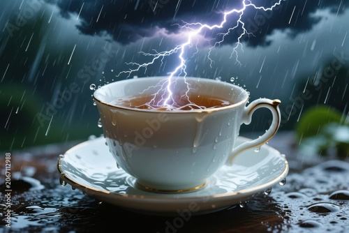 Teacup Storm, A literal storm (lightning and rain) happening inside a teacup on a saucer. Conceptual metaphor.